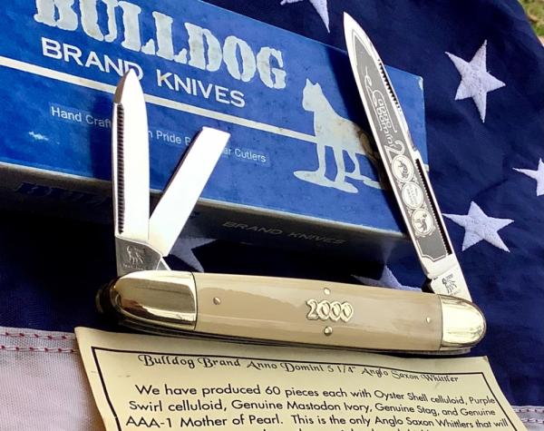 2000 Bulldog Brand Anno Domini Angelo Saxon Whittler Knife w/ Georgous Ivory Handles -1 of 60 2000 Bulldog Brand Anno Domini Angelo Saxon Whittler Knife w/ Georgous Ivory Handles -1 of 60