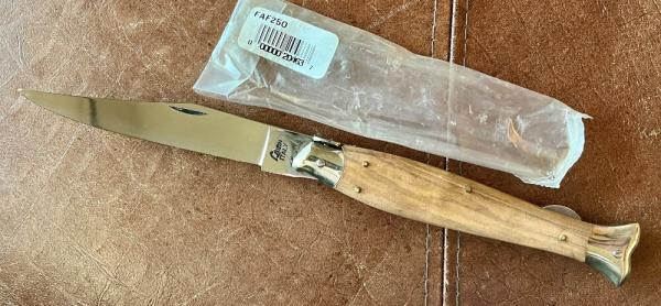 Vintage Falcon ITALY 10 Inch Lockback Fish Shape Folding Knife, Olive Wood Handle, Unused 