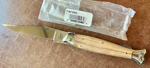 Vintage Falcon ITALY 8 Inch Lockback Fish Shape Folding Knife, Olive Wood Handle, Unused 
