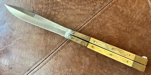 Large Vintage Filipino Handmade (FHM) Balisong aka Butterfly Knife, Bone Handle, Unused Large Vintage Filipino Handmade (FHM) Balisong aka Butterfly Knife, Bone Handle, Unused