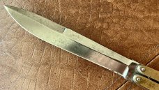 Large Vintage Filipino Handmade (FHM) Balisong aka Butterfly Knife, Bone Handle, Unused 