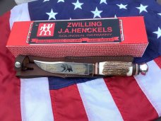 J A Henckels Fixed Blade Hunter Knife w/ Stag Handles & Gold Blade Etch of A Black Bear