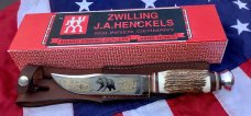 J A Henckels Fixed Blade Hunter Knife w/ Stag Handles & Gold Blade Etch of A Black Bear