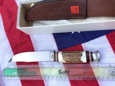 J A Henckels Fixed Blade Hunter Knife w/ Stag Handles & Gold Blade Etch of A Black Bear