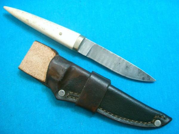 CUSTOM TUSK ANTLER TOOTH FANG BONE DAMASCUS FIXED BLADE DIRK BOOT DAGGER KNIFE KNIVES SHEATH OLD