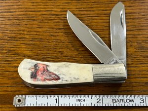 Parker Cardinal Scrimshaw 2-Blade Barlow Knife w/Smooth Bone Scales