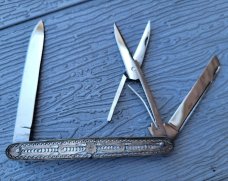 3 1/4" Rare Custom Made knife with scissor, Very Nice Silver Filigree Scales