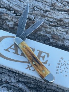 CASE XX ** 2023 BURNT GOLDENROD DAMASCUS SECOND CUT JIG BONE PEANUT