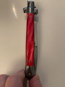 Frank B Red Pearlex 11 Inch Swivel Bolster Switchblade.  BRAND NEW.  NEVER CARRIED. NEVER USED.