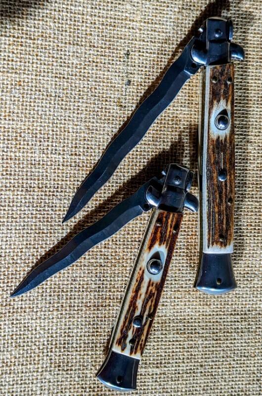 Pair of Frank Beltrame Swivel Bolster 9" & 11" Kris Stag Scale Italian Automatic Stilettos