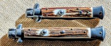 Pair of Frank Beltrame Swivel Bolster 9" & 11" Kris Stag Scale Italian Automatic Stilettos