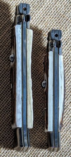 Pair of Frank Beltrame Swivel Bolster 9" & 11" Kris Stag Scale Italian Automatic Stilettos