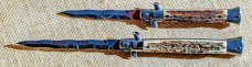Pair of Frank Beltrame Swivel Bolster 9" & 11" Kris Stag Scale Italian Automatic Stilettos