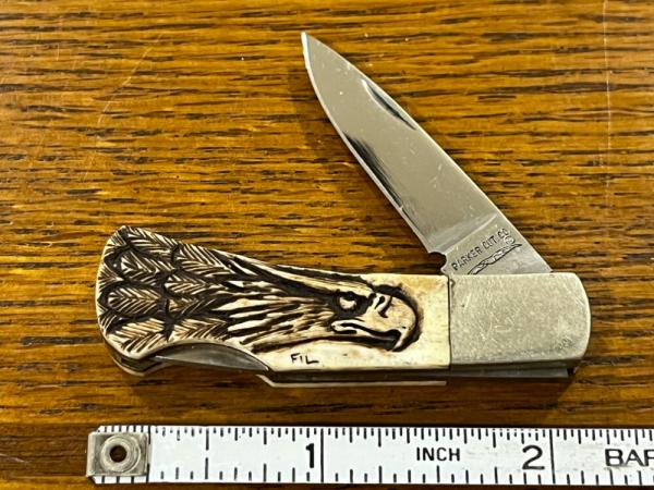 Parker Cut. Co. Eagle Scrimshaw Lockback Knife w/Smooth Bone Scales Japan 