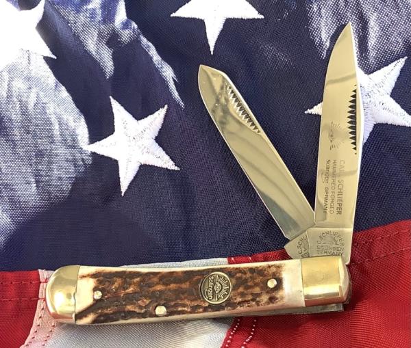 Carl Schlieper / German Eye Small Trapper w/ Great Stag Handles -NOS Carl Schlieper / German Eye Small Trapper w/ Great Stag Handles -NOS