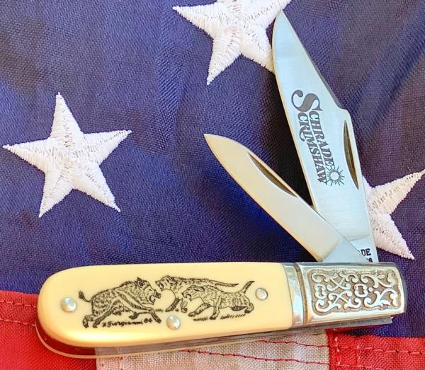 Schrade Scrimshaw Barlow (SC 506) w/ Boar & Dogs Hunting Scene +artist signature -NOS & M/NM Schrade Scrimshaw Barlow (SC 506) w/ Boar & Dogs Hunting Scene +artist signature -NOS & M/NM
