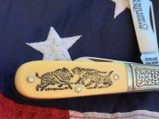 Schrade Scrimshaw Barlow (SC 506) w/ Boar & Dogs Hunting Scene +artist signature -NOS & M/NM