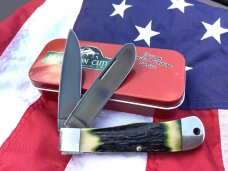 Bear & Son Custom Large Trapper / Mountain Man Knife w/ Green Stag Horn Handles -Titanium Blades