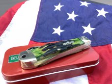 Bear & Son Custom Large Trapper / Mountain Man Knife w/ Green Stag Horn Handles -Titanium Blades