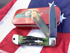 Bear & Son Custom Large Trapper / Mountain Man Knife w/ Green Stag Horn Handles -Titanium Blades