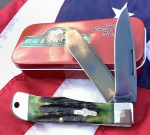 Bear & Son Custom Large Trapper / Mountain Man Knife w/ Green Stag Horn Handles -Titanium Blades