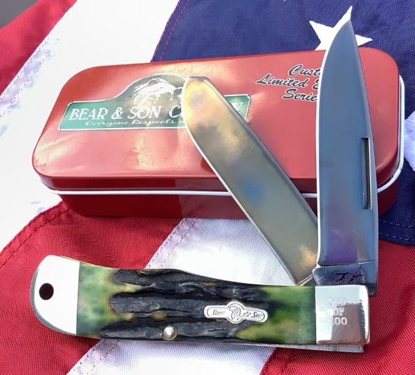 Bear & Son Custom Large Trapper / Mountain Man Knife w/ Green Stag Horn Handles -Titanium Blades Bear & Son Custom Large Trapper / Mountain Man Knife w/ Green Stag Horn Handles -Titanium Blades