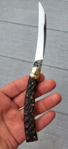 4" Custom Made Curved Knife, Premium Stag Handle, Nice Pattern