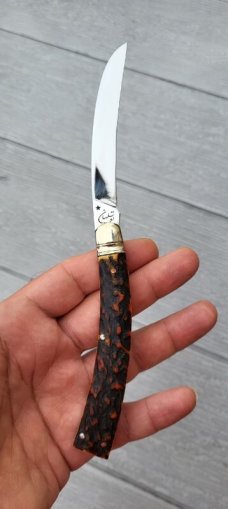 4" Custom Made Curved Knife, Premium Stag Handle, Nice Pattern
