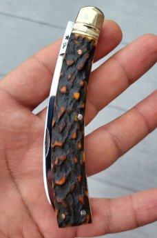 4" Custom Made Curved Knife, Premium Stag Handle, Nice Pattern