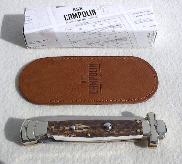 NEW A.G.A. CAMPOLIN 9" AUTOMATIC MALTESE STAG MODIFIED BAYONET BLADE SOLID NICKEL SILVER BOLSTERS 