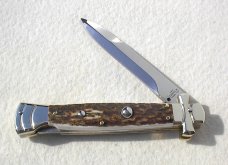 NEW A.G.A. CAMPOLIN 9" AUTOMATIC MALTESE STAG MODIFIED BAYONET BLADE SOLID NICKEL SILVER BOLSTERS 