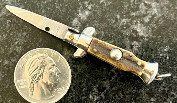 Miniature Italy Switchblade Knife, Underlined INOX Mark, Older Style, Nice Stag, Rare Swedge Grind