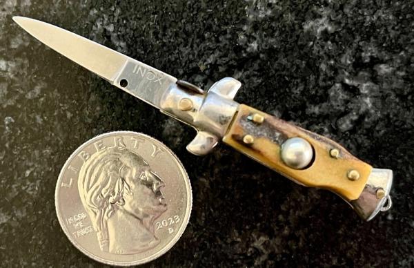 Miniature Italy Switchblade Knife, Vertical INOX Mark, Older Style, Nice Aged Stag