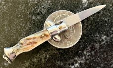 Miniature Italy Switchblade Knife, Vertical INOX Mark, Older Style, Interesting Stag