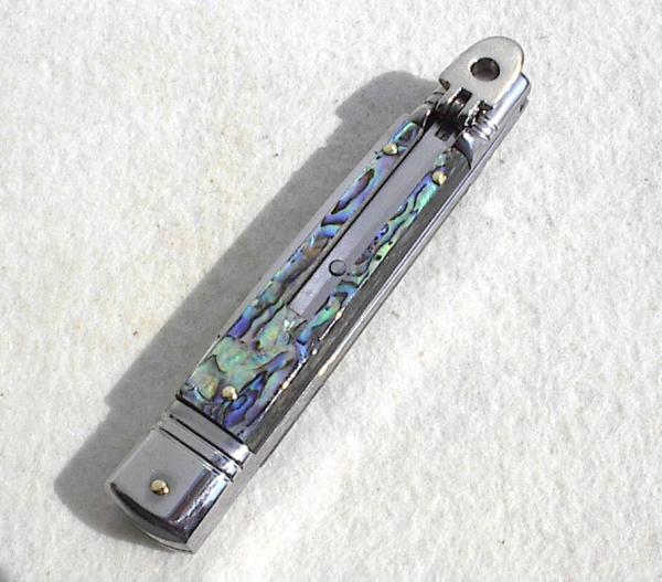 NOS AKC 8" CLASSIC SWITCHBLADE SLIM LEVER LOCK GENUINE ABALONE SHELL SWEDGE BLADE MANIAGO ITALY