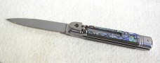 NOS AKC 8" CLASSIC SWITCHBLADE SLIM LEVER LOCK GENUINE ABALONE SHELL SWEDGE BLADE MANIAGO ITALY