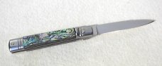 NOS AKC 8" CLASSIC SWITCHBLADE SLIM LEVER LOCK GENUINE ABALONE SHELL SWEDGE BLADE MANIAGO ITALY