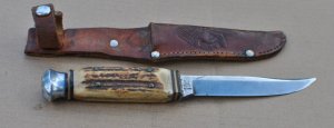 Anton Wingen Othello Solingen Germany 8 1/2" OAL Slab Stag Little Use Original Sheath 1950's