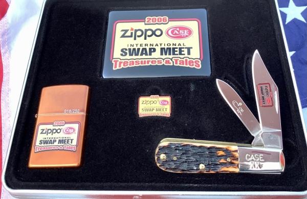 2006 Case xx Swap Meet Barlow w/ Brown to Black Bone Handles, zippo lighter +Hat Pin -NOS & Mint 2006 Case xx Swap Meet Barlow w/ Brown to Black Bone Handles, zippo lighter +Hat Pin -NOS & Mint