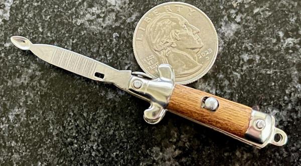 Vintage Miniature Keychain Switchblade Spoon, Brown Wrap Handle, Unused 