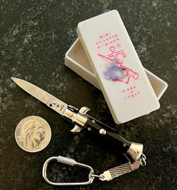 Miniature Switchblade Keychain Knife, Anchor Over Inox, Black Plastic Handle, Original Box 
