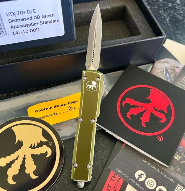 Microtech UTX70 Out The Front (OTF) Switchblade Knife, Distressed OD Green Apocalyptic Standard