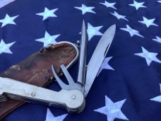 Antique J A Henckels 7 Multi Blade/Tool Knife w/ Metal Handles w/ Long arm twin men & orig pouch