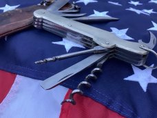 Antique J A Henckels 7 Multi Blade/Tool Knife w/ Metal Handles w/ Long arm twin men & orig pouch
