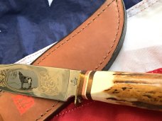 J A Henckels Fixed Blade Hunter Knife w/ Stag Handles & Gold Blade Etch of a Howling Wolf