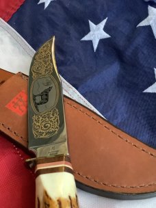J A Henckels Fixed Blade Hunter Knife w/ Stag Handles & Gold Blade Etch of a Howling Wolf