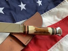 J A Henckels Fixed Blade Hunter Knife w/ Stag Handles & Gold Blade Etch of a Howling Wolf