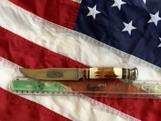 J A Henckels Fixed Blade Hunter Knife w/ Stag Handles & Gold Blade Etch of a Howling Wolf