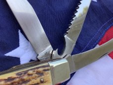 Vintage J A Henckels 3 Blade Multi Blade/Tool Knife w/ Great Stag Handles