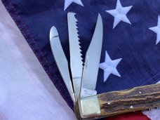 Vintage J A Henckels 3 Blade Multi Blade/Tool Knife w/ Great Stag Handles